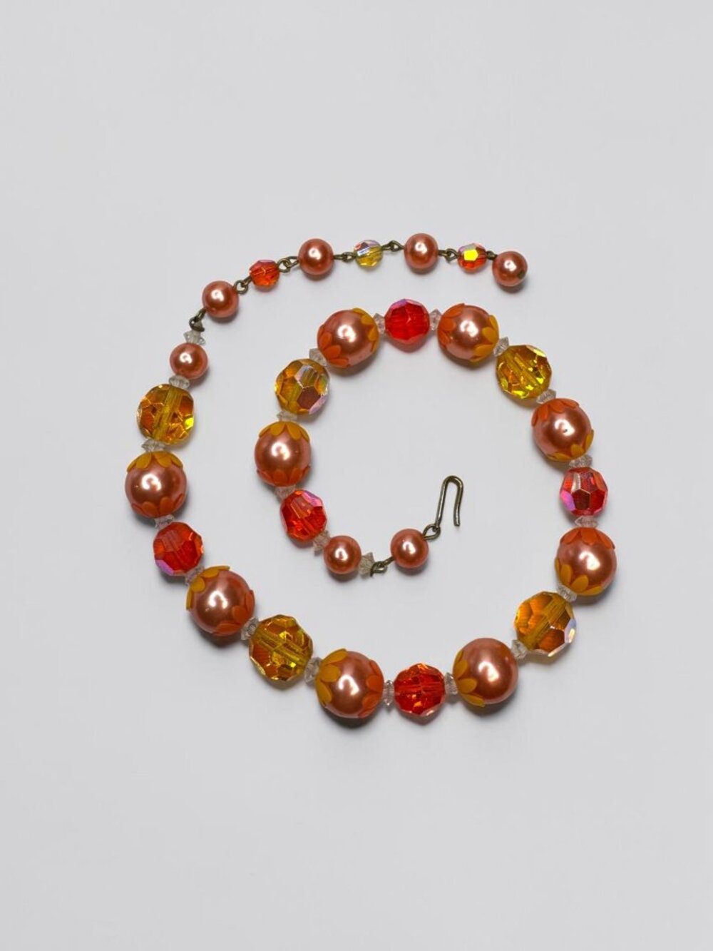 Necklace Earrings Set Orange Faux Pearl Crystal Cluster Beaded Vintage 1960s - Picture 2 of 9